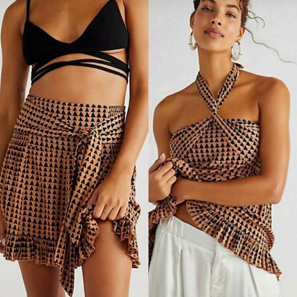 Free People One Brown Printed Suri Convertible Smock Tie Skirt